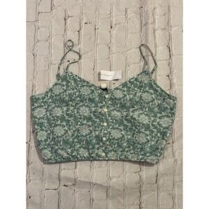 NWT American Eagle Printed Crop Cami Green Floral Linen Blend Large